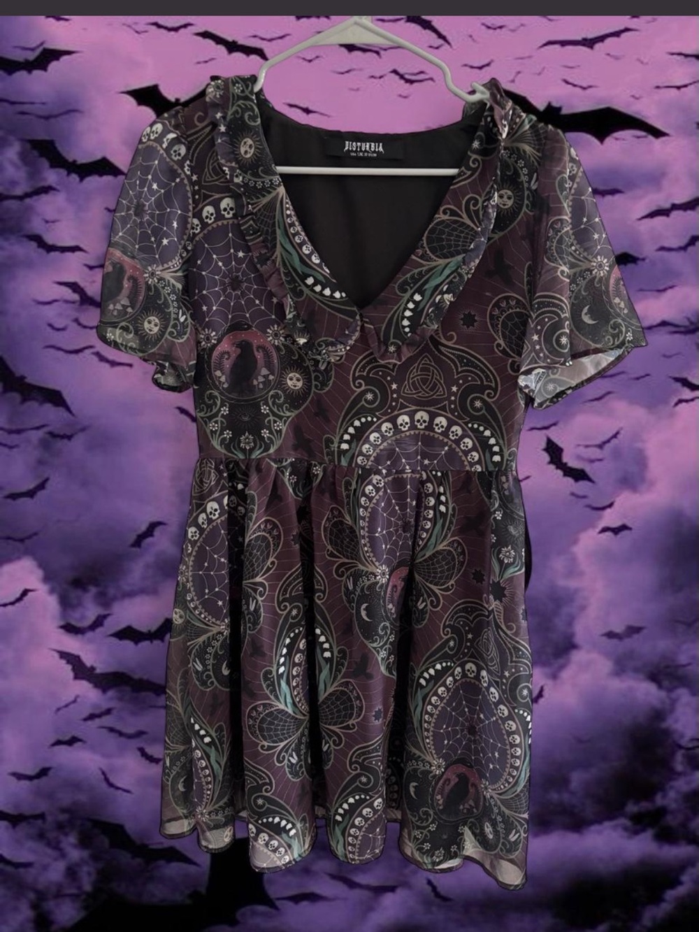 Disturbia Purple Paisley Skull Ruffle V-Neck Tunic